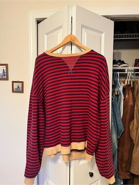 We The Free Red and Navy Striped Pullover with Tan Trim
